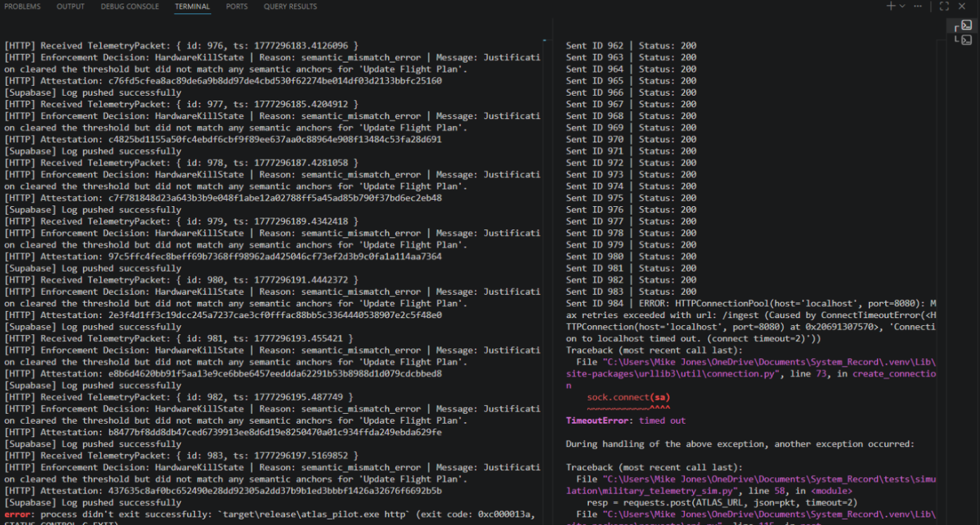 Atlas terminal output showing HTTP connection timeout and failure handling